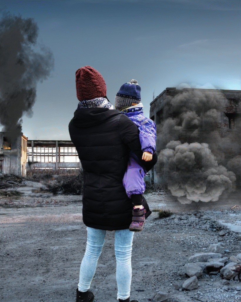 Mère et enfant dans un paysage désolé.